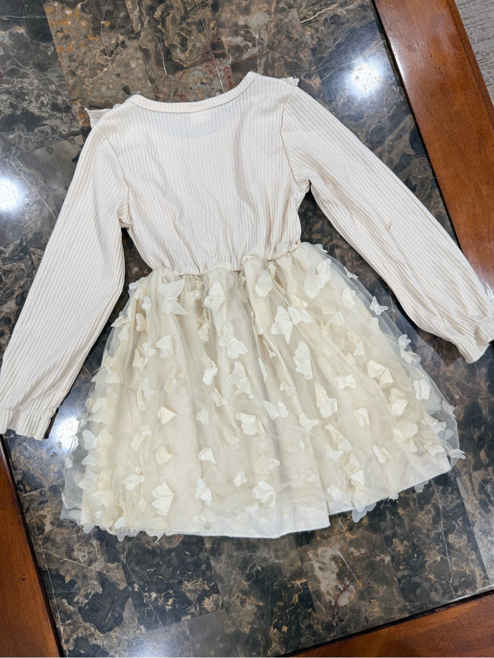 Girls Cream Long-Sleeve Tulle Butterfly Dress